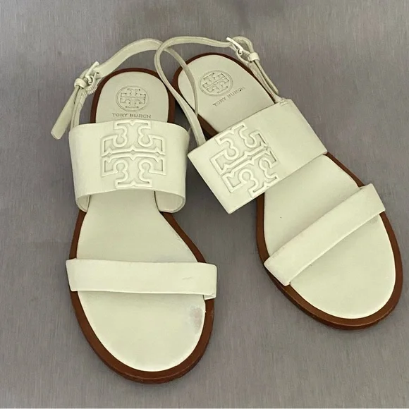 Tory Burch Flat White Slingback Sandals 8 M Big Logo Open Toe Leather - Picture 5 of 10